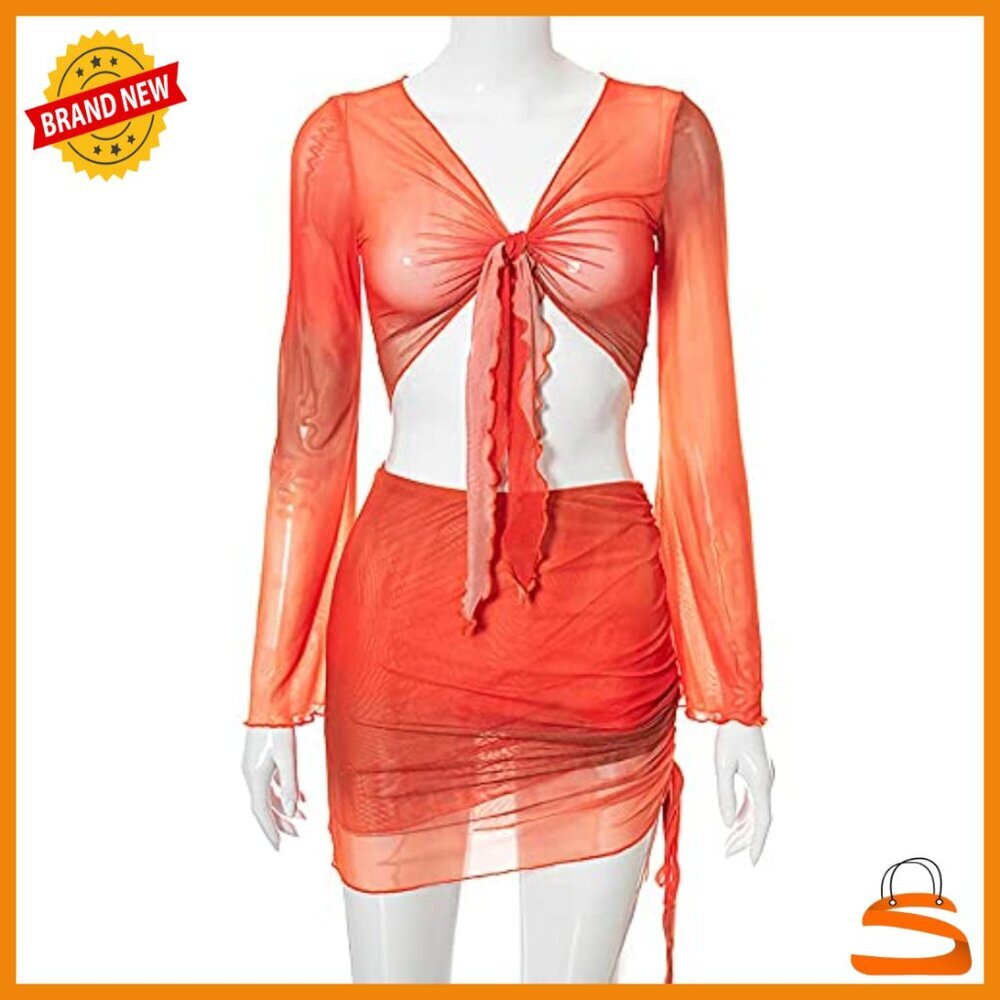 Small Polyester Sheer Mesh 2-Piece Set Long Sleeve Crop Top Mini Skirt - Picture 4 of 7